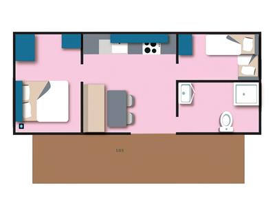 plan  Cottage Life 4/5 personnes - 32m² Camping La Roseraie  accessibilité pmr confort espace  