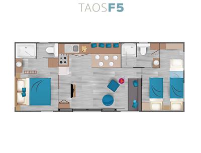 Plan du mobil home TAOS F5 - Camping 4 étoiles La Roseraie luxe ultra confort espace deux salles de bain terrasse semi-couverte équipement moderne presqu'ile Loire Atlantique