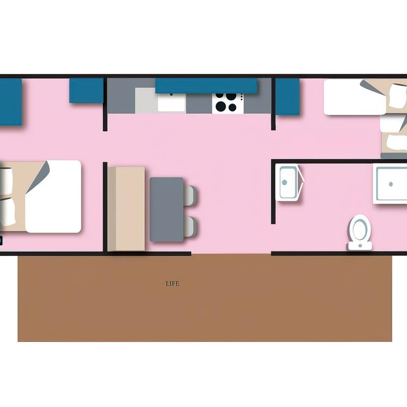plan  Cottage Life 4/5 personnes - 32m² Camping La Roseraie  accessibilité pmr confort espace   - Camping La Roseraie