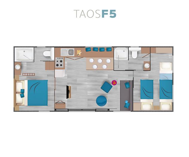 Plan du mobil home TAOS F5 - Camping 4 étoiles La Roseraie luxe ultra confort espace deux salles de bain terrasse semi-couverte équipement moderne presqu'ile Loire Atlantique