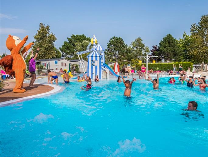 Cours d'aquagym avec Mascotte écureuil camping animation fête ambiance regroupement convivialité famille musique 